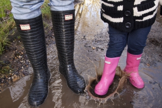 Wellies splashing in a puddle