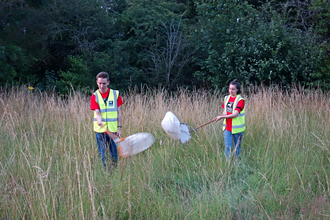 Two people in Wildlife Trust t-shirts and florescent vests sweeping nets through long grass looking for insects