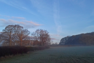 Green Farm at dawn - field, hedges and trees with a blue sky and mist by Dominique Cragg
