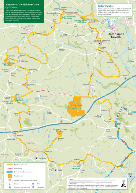 Map of the cycle route of 34 miles around the historic Malvern chase area