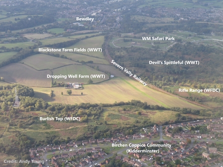 Annotated aerial photograph of Dropping Well Farm and surrounding nature reserves by Andy Young