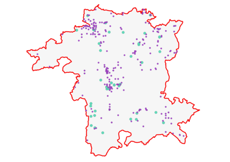 Map of Worcestershire with green dots (Wildlife Sightings submissions) and purple dots (other submissions) showing approximate location of 2021's house sparrow sightings