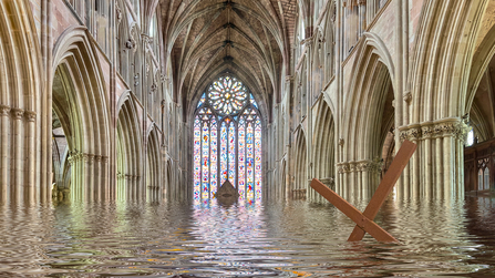 Worcester Cathedral after a 27 metre rise in sea level, with water halfway up the columns of the nave by Clive Haynes