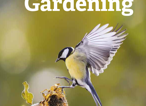 Front cover of The Wildlife Trust's Guide to Wildlife Gardening - a great tit landing on a sunflower head