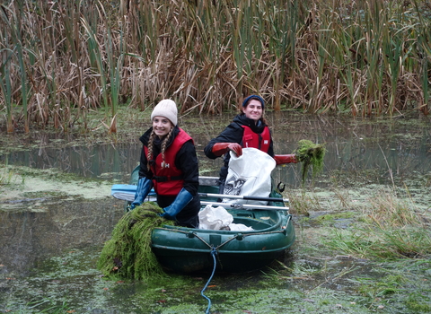 Two women in a small rowing boat removing green vegetation from a pond by Iain Turbin