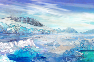 Antarctica landscape with icebergs, sea, pools and blue sky with clouds by Shelly Perkins