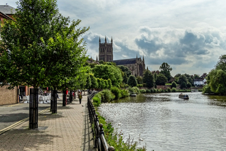 Worcester showing path along the River Severn and the cathedral in the distance by Paul Lane