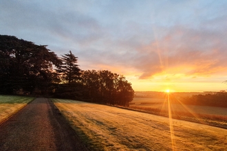 sunrise over the horizon on the right with a road and parched ground leading to trees on the left by Anil Patel