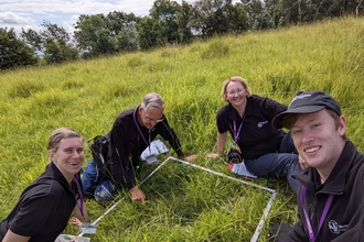 Four conservation trainees sat studying the botany of a field