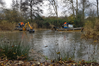 Two amphibious vehicles with buckets at the end of a long arm on a pond surrounded by trees by Jasmine Walters