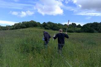 Two people walking in a field, following a tape measure and holding measuring rods