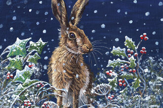 An illustration of a hare amongst snow covered holly with red berries and other vegetation. It's evening and there is snow falling.