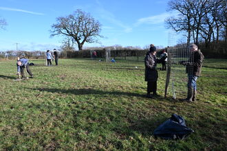 Several people in a field as part of a tree planting session on a sunny winters day. Two people near the camera on the right are putting a metal guard around their tree.