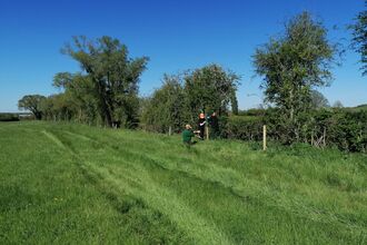 A photo of a field with three people installing fence posts at the edge. The grass is very green and the sky is very blue.
