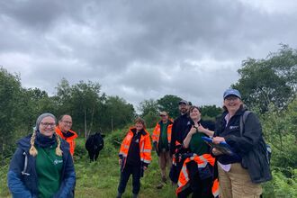 A photo of seven people standing in a woodland clearing with a cow and hedges behind wearing high vis jackets and Trust branded clothing smiling at the camera