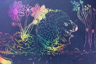 An image of a hedgehog created on a scratch board - the hedgehog, flowers and trees are in neon pinks, yellows and greens