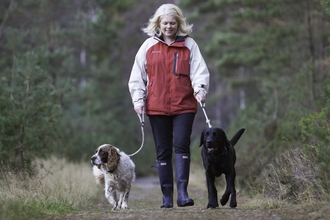 Woman walking two dogs on leads by Peter Cairns/2020VISION