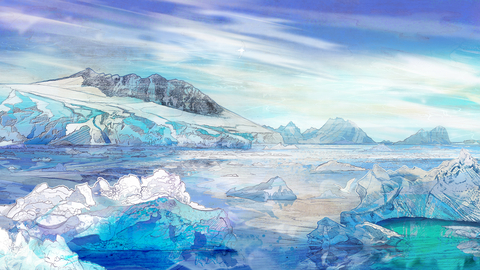Antarctica landscape with icebergs, sea, pools and blue sky with clouds by Shelly Perkins