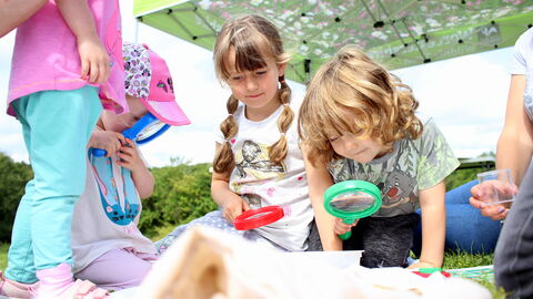 Several children holding magnifying glasses to look more closely at wildlife by Lauren Roberts