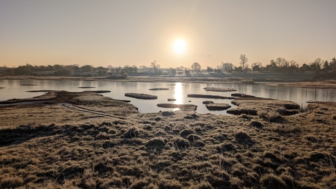 The sun sits low in the sky and casts light over the wetland habitat of Upton Warren.