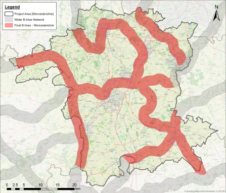 map showing the B-Lines running through Worcestershire