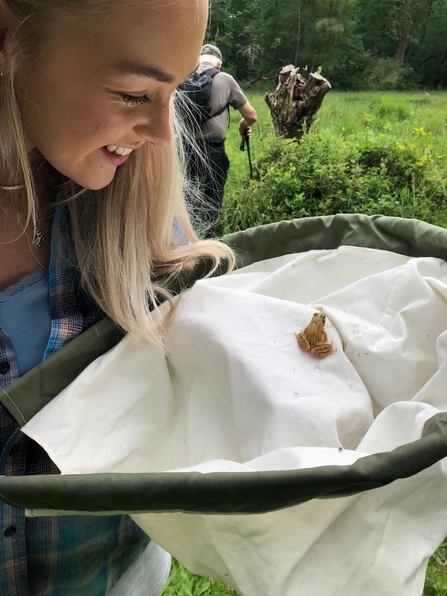 Woman looking at a frog that's sitting in a net, people in the background