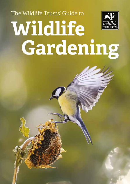 Front cover of The Wildlife Trust's Guide to Wildlife Gardening - a great tit landing on a sunflower head