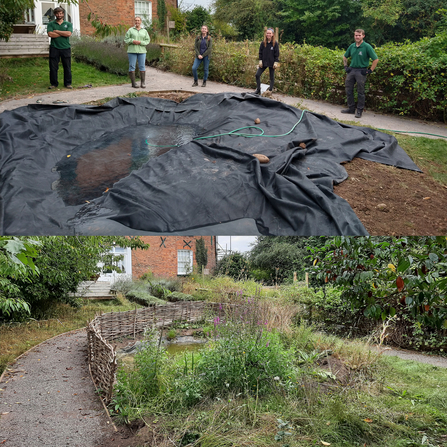 two photos showing the beginnings of a wildlife pond (and the trainee team that worked on it) and the pond as it matures