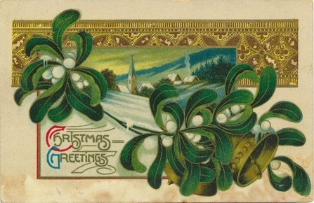 Mistletoe illustration on an early Christmas card