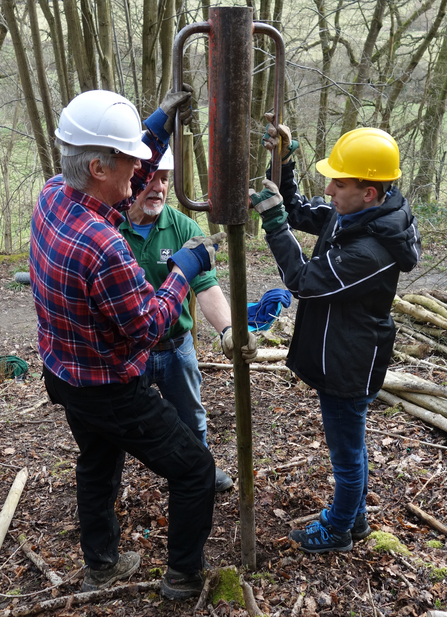 Two volunteers using a post basher to knock a post into a ground, a third volunteer is holding the post straight by Ben Rees