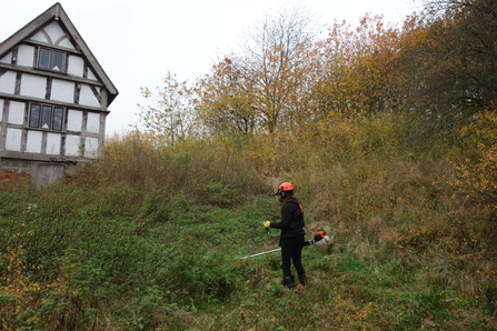 Woman in protective wear using a brushcutter on a bank in front of a timber building by Iain Turbin