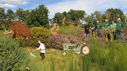 Illustration of heathland management through time - background of heathland habitat with mammoth illustration, farmer with scythe illustration, soldier with rifle illustration, tractor illustration and photo of a group of modern volunteers