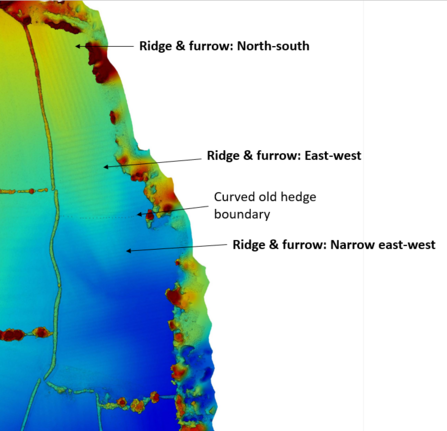 Close up of a drone map that shows differently aligned undulating landscape of ridge and furrow