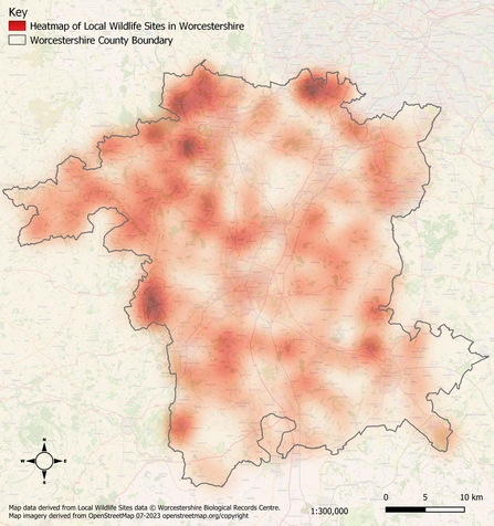 Map of Worcestershire showing shading where Local Wildlife Sites 