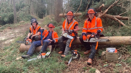 Trainees sat on a fallen tree with chainsaws