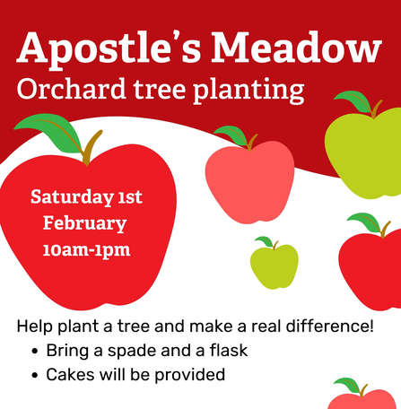 Part of a poster advertising a tree planting event on 1st February at Apostle's Meadow