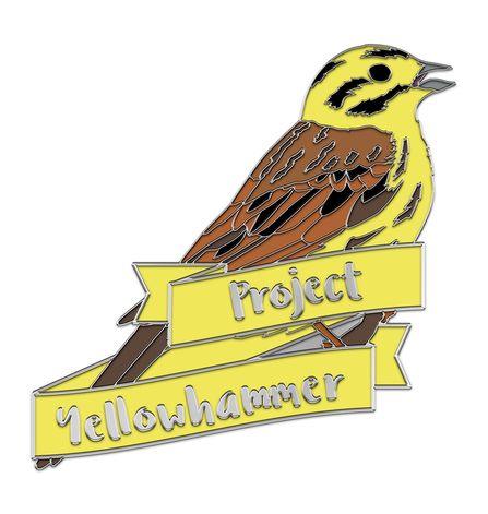Pin badge - illustration of a yellowhammer with a banner of 'Project Yellowhammer' across the bottom