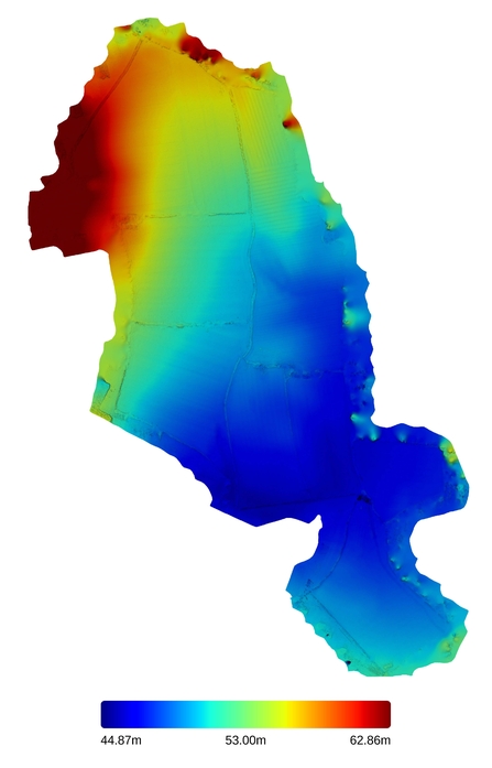 A map taken from a drone showing the heights of the land - red near the top of Green Farm shows higher land whereas blue, mainly down the bottom of the map, shows much lower lying land