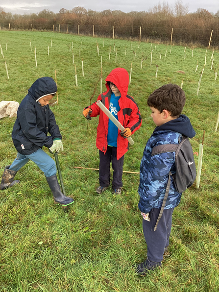 Three children planting a tree in a field