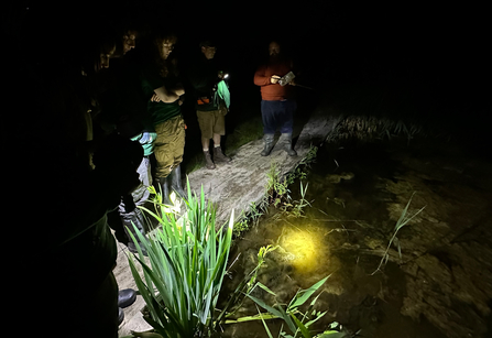 Several people standing around a pond in the dark - there's a torch shining into the pond
