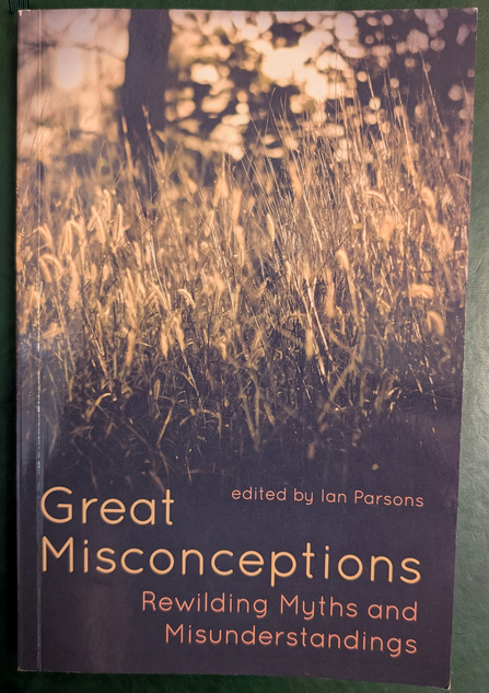Front cover of the book 'Great Misconceptions: rewilding myths and misunderstandings - the cover is brown/sepia and features some grass waving in the wind