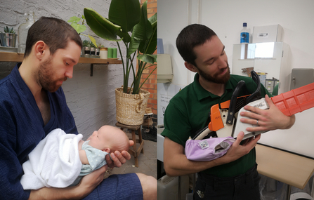 The same person in two different photos - in one they're cradling a baby and in the other they're cradling a chainsaw (with a nappy on the handle)
