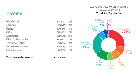 Pie chart showing income for year 2024-2025 alongside breakdown between membership, legacies, grants, Gift Aid, donations, charitable activities, trading activities, investment income and other income.