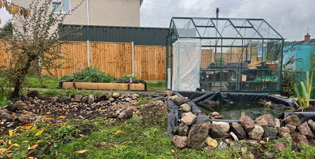 Mr Beestans Garden with newly created bog garden on left, newly restored pond on the right and a greenhouse in the background