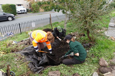 Three people digging a hole in a community garden 