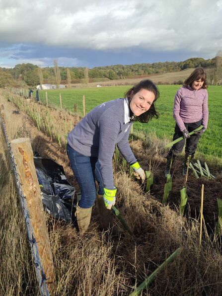 A woman is breaking off from helping to plant a hedge in order to smile at the camera; it's a sunny day but heavy clouds are in the sky behind her