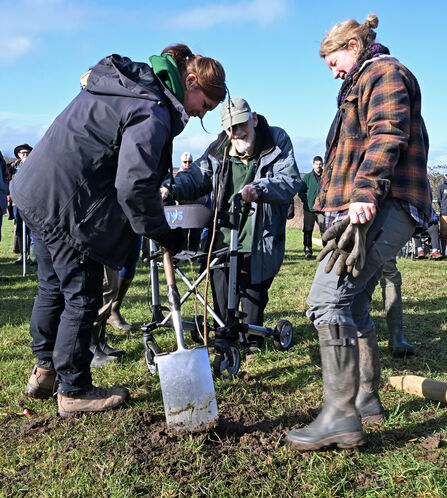 Two women are planting a tree on a sunny day - the tree is being planted in honour of Harry Green who is standing behind the two women