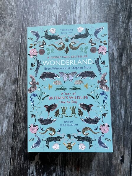 A photo of a book called Wonderland placed on a table. The book has a light blue cover and is filled with illustrations of different species of wildlife