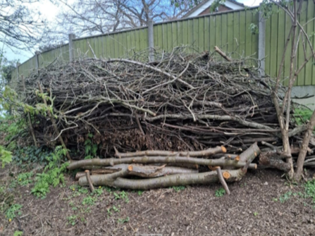 A photo of a large pile of twigs and branches in the shape of a hedge