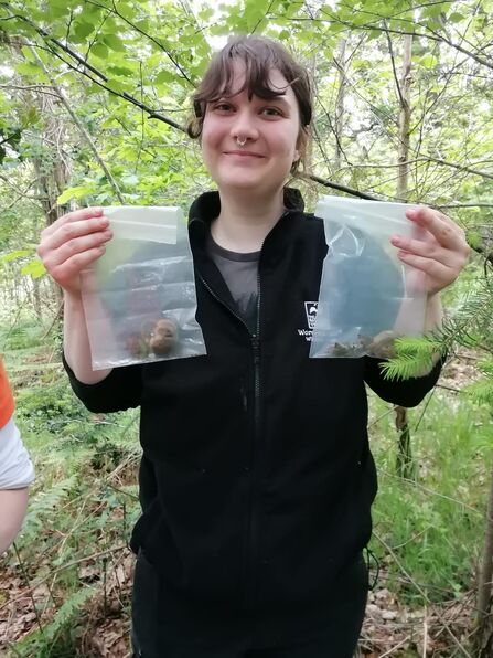 A photo of Chloe, a trainee with brown hair and a fringe smiling at the camera holding up two bags with dormice in them standing in a woodland